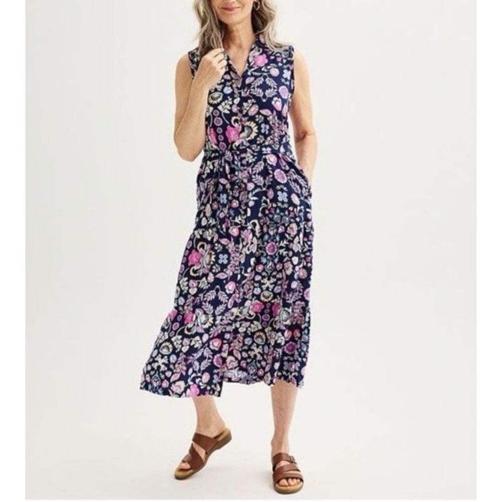 Croft & Barrow Women’s M Navy Blue Floral Sleeveless Maxi Shirt Dress Teacher